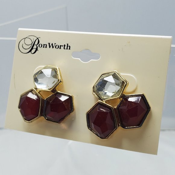 BonWorth pentagon shape gold tone red and clear gem stone pierced earring - Picture 2 of 4